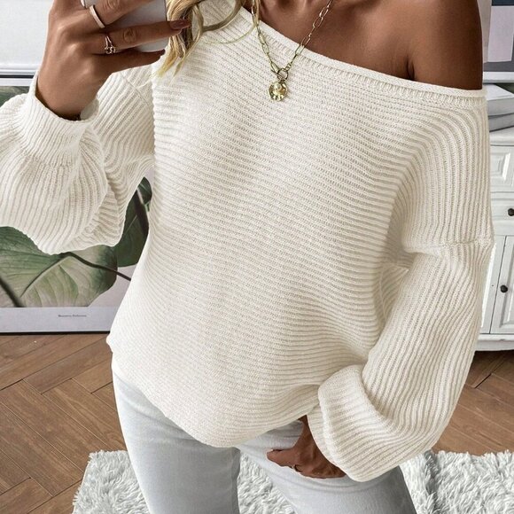 Beige Casual Women's Asymmetrical Neckline Sweater Pullover - Picture 3 of 6